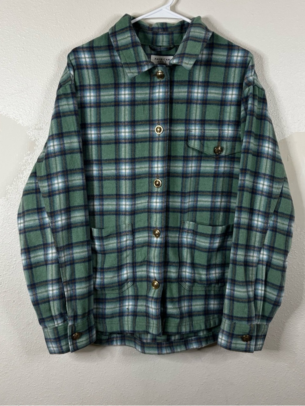American Eagle Plaid Shacket Sz L Wool Shirt Jacket Metal Buttons Pockets